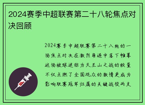 2024赛季中超联赛第二十八轮焦点对决回顾